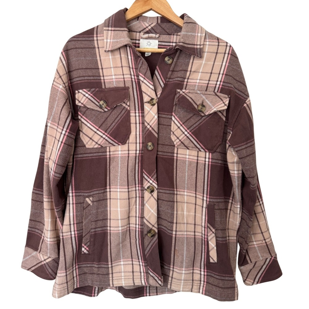 OFFLINE by Aerie Plaid Flannel Shacket Brown Tan Pink Heavyweight Size Small